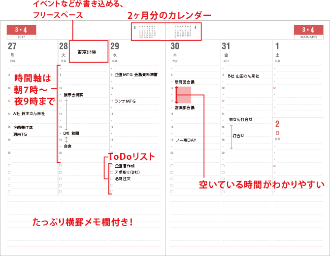 Appoint/アポイント バーチカルダイアリーの特徴 時間軸は、朝7時から夜9時まで。
イベントなどが書き込めるフリースペース、2か月分のカレンダー、Todoリスト、横罫メモ欄がついています。